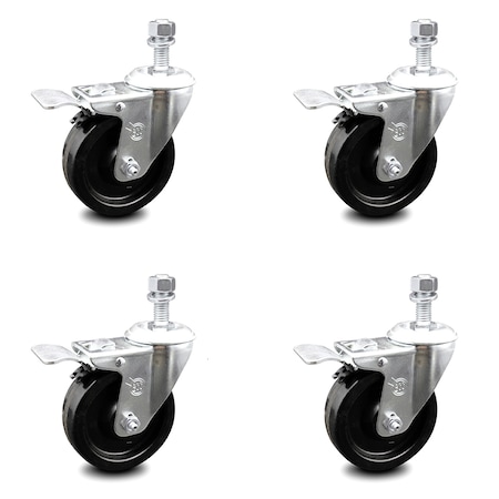 Service Caster 4 Inch Phenolic Swivel 12mm Threaded Stem Caster Set with Total Lock Brake SCC-TSTTL20S414-PHR-M1215-4